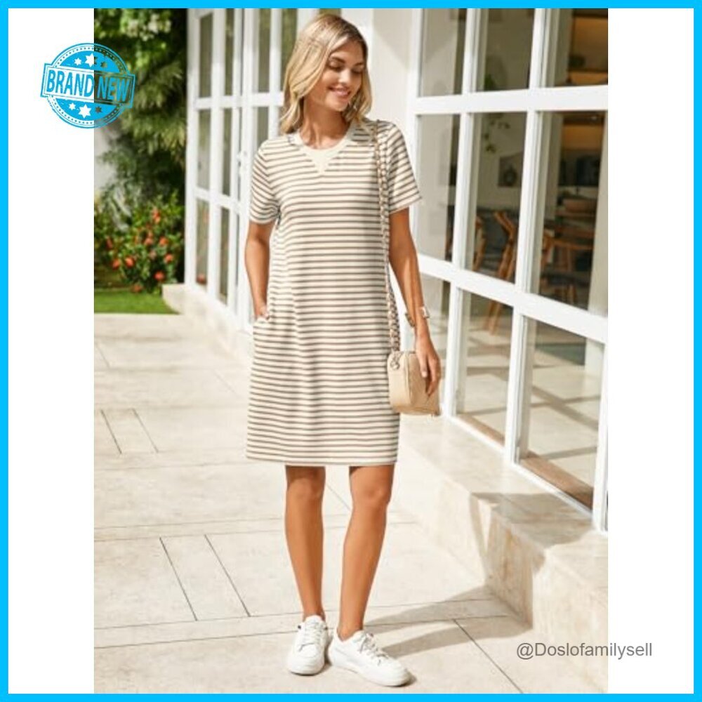 Striped Shift Dress Casual Chic Summer Tshirt Style with Pockets Knee Length - Picture 2 of 7